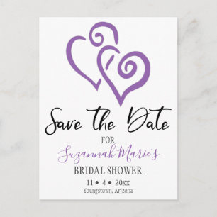 Bridal Shower Save The Date Purple Linked Hearts Announcement Postcard