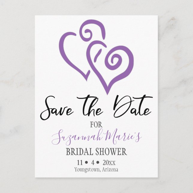 Bridal Shower Save The Date Purple Linked Hearts Announcement Postcard (Front)