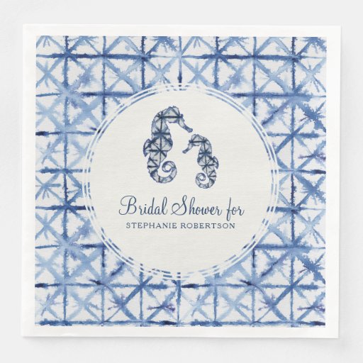 Image of Bridal Shower Seahorse Beach Shibori Indigo Ocean Disposable Napkin