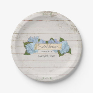 Bridal Shower Shiplap Wood Vintage Blue Hydrangea Paper Plate