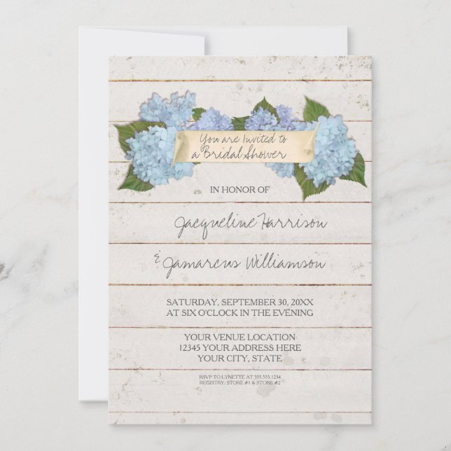 Bridal Shower Shiplap Wooden Board Blue Hydrangea Invitation (Front)