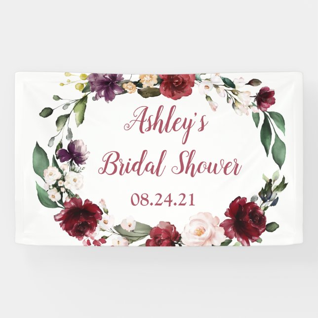 Bridal Shower Sign Banner Fabric Floral Maroon (Horizontal)