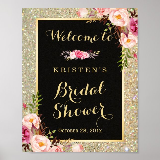 Bridal Shower Sign Gold Glitter Sparkles Floral (Front)