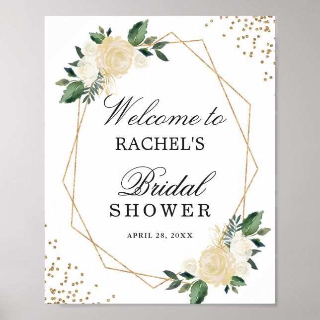 Bridal Shower Sign Greenery Gold Glitters Floral (Front)