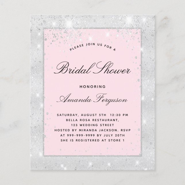 Bridal shower silver blush pink glitter budget flyer (Front)