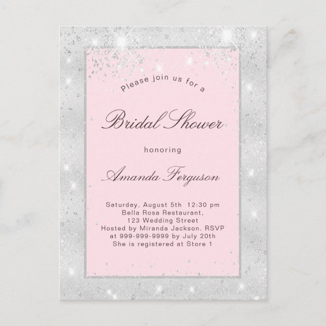 Bridal shower silver blush pink glitter elegant invitation postcard (Front)