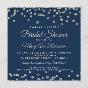 Bridal Shower Silver Faux Glitter Confetti Navy Invitation