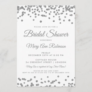 Bridal Shower Silver Faux Glitter Confetti White Invitation
