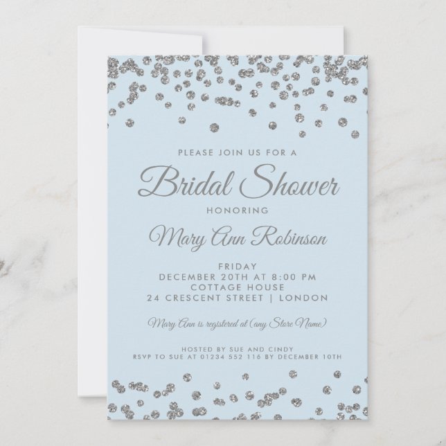 Bridal Shower Silver Glitter Confetti Ice Blue Invitation (Front)