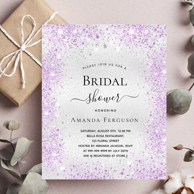 Bridal shower silver glitter dust purple elegant invitation postcard (Creator Uploaded)