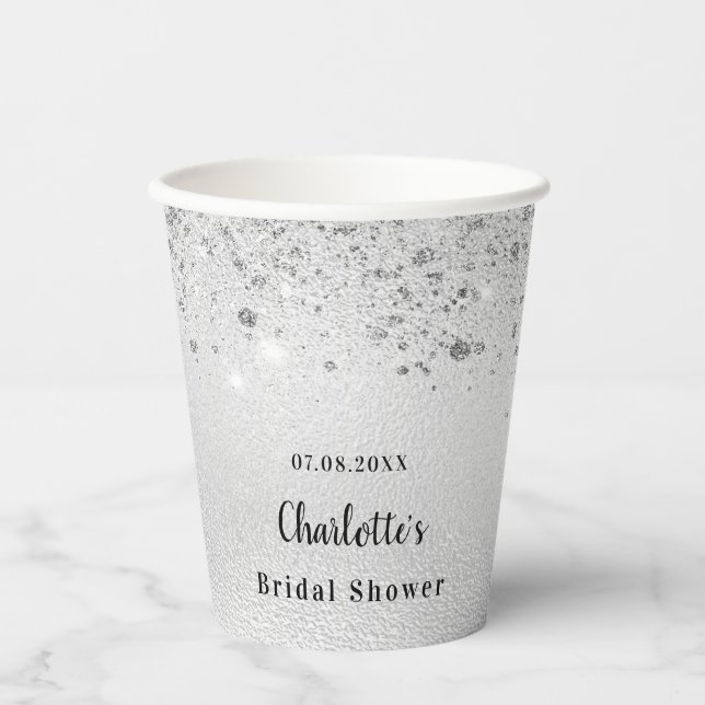 Bridal shower silver glitter elegant monogram paper cups (Front)