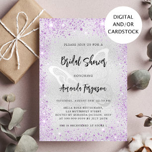 Bridal shower silver lavender glitter butterfly invitation