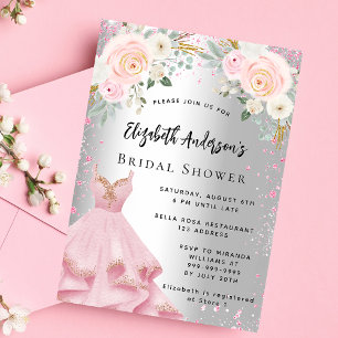 Bridal Shower silver pink dress glitter glamourous Invitation Postcard