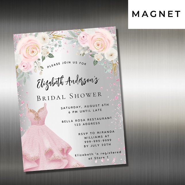 Bridal Shower silver pink dress glitter luxury Magnetic Invitation (Creator Uploaded)