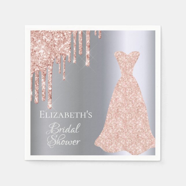 Bridal Shower silver rose gold glitter drips dress Napkin (Front)