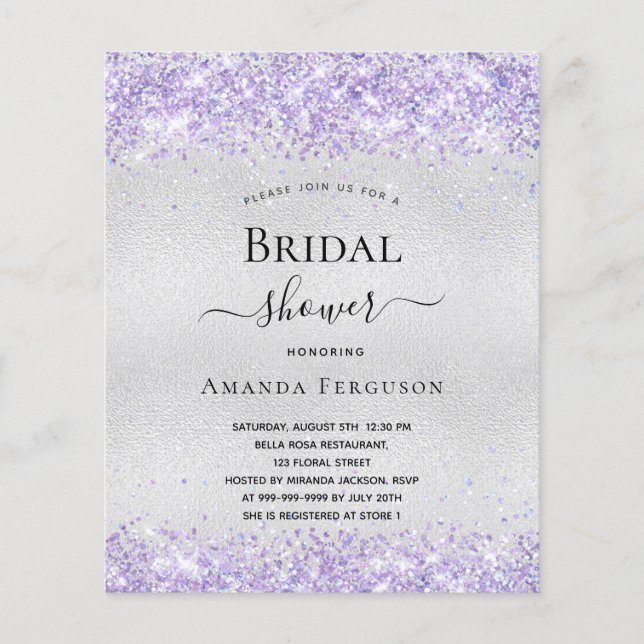 Bridal shower silver violet budget invitation flyer (Front)
