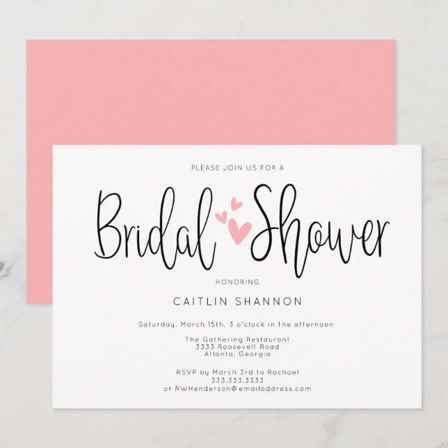 Bridal Shower Simple Black White Pink Invitation (Front/Back)