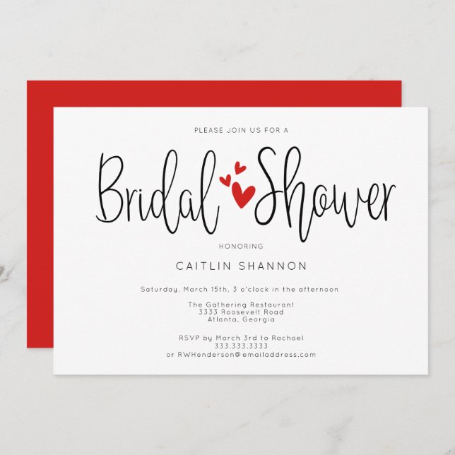 Bridal Shower Simple Black White Red Invitation (Front/Back)