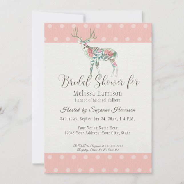 Bridal Shower Simple Dot Modern Rose Deer Antlers Invitation (Front)