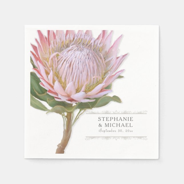 Bridal Shower Simple Modern Floral Pink Protea Napkin (Front)