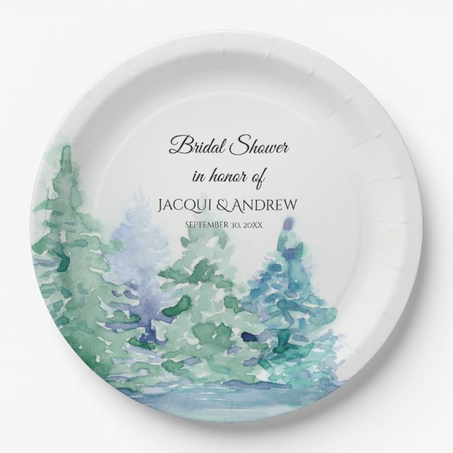 Bridal Shower Simple Modern Mountain Forest Lake Paper Plate (Front)