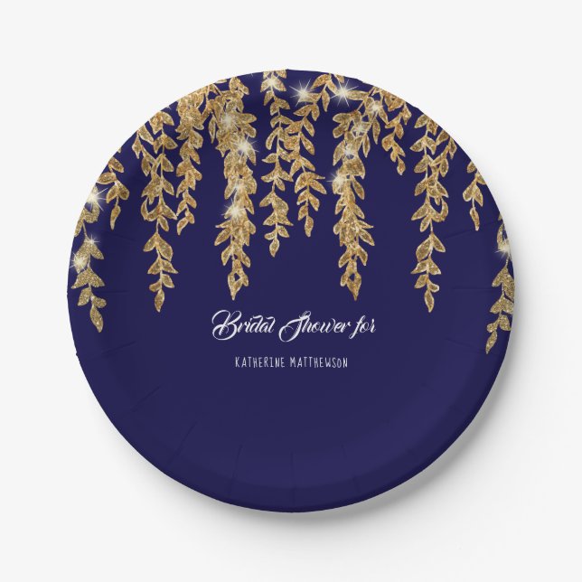 Bridal Shower Simple Navy Gold Willow Leaf Twinkle Paper Plate (Front)