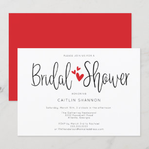 Bridal Shower Simple Red Hearts Calligraphy Invitation