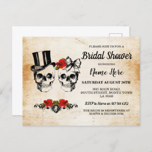 Bridal Shower Skulls Roses Rustic Bow Postcard