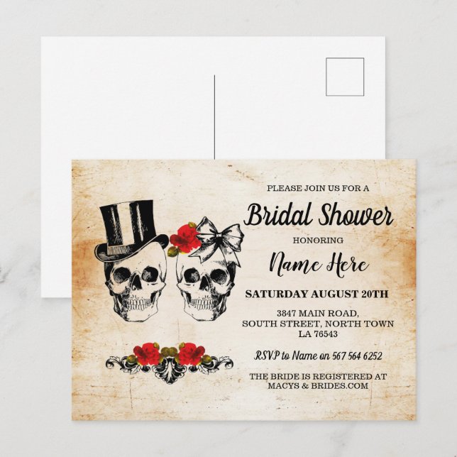 Bridal Shower Skulls Roses Rustic Bow  Postcard (Front/Back)