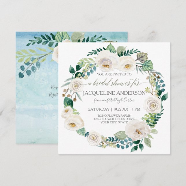 Bridal Shower Sky Blue Alabaster Roses Leaf Wreath Invitation (Front/Back)