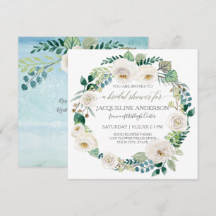 Bridal Shower Sky Blue Alabaster Roses Leaf Wreath Invitation