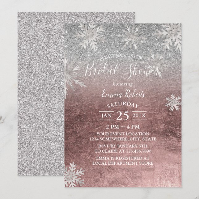 Bridal Shower Snowflakes Modern Rose Gold & Silver Invitation (Front/Back)