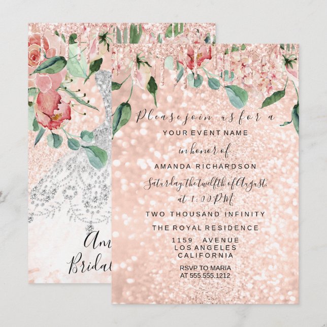 Bridal Shower Spark Rose Gold White Dress  Florals Invitation (Front/Back)