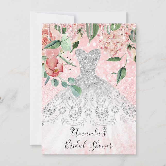 Bridal Shower Spark Rose Pink  Dress White Grey Invitation (Back)