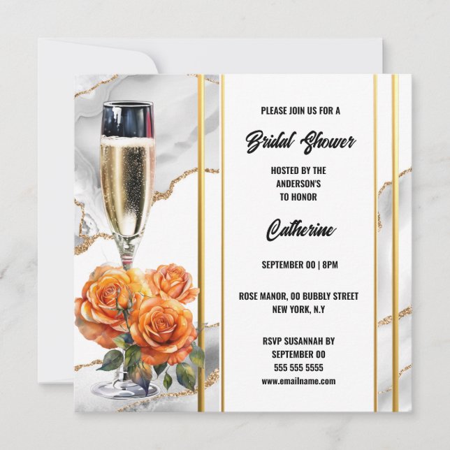 Bridal shower sparkling wine orange rose elegant holiday card (Front)