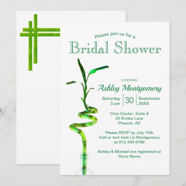 Bridal Shower Spiralled Lucky Bamboo Over White Invitation (Front/Back)