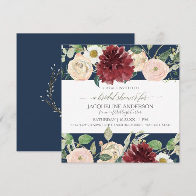 Bridal Shower Spring Floral Mum Marsala Red Rose Invitation (Front/Back)