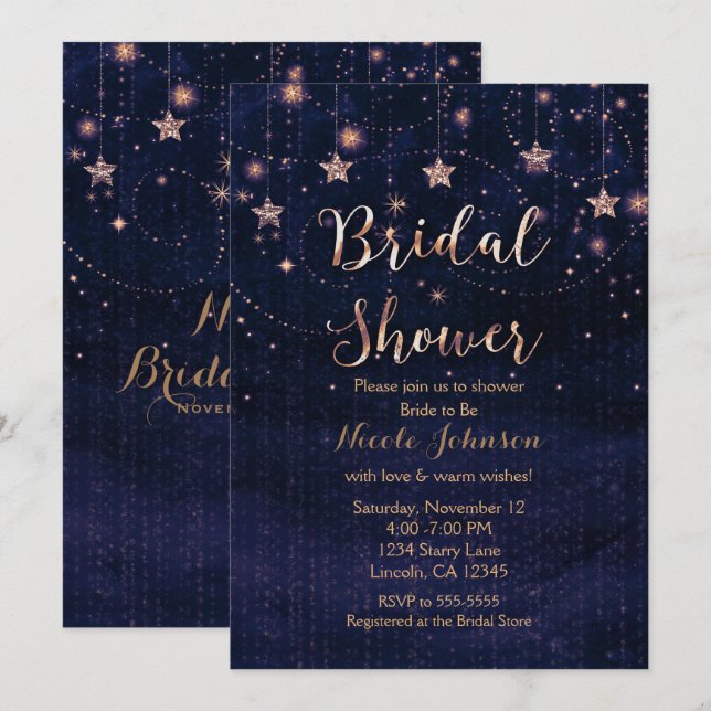 Bridal Shower Starry Night Whimsical Purple Gold Invitation (Front/Back)