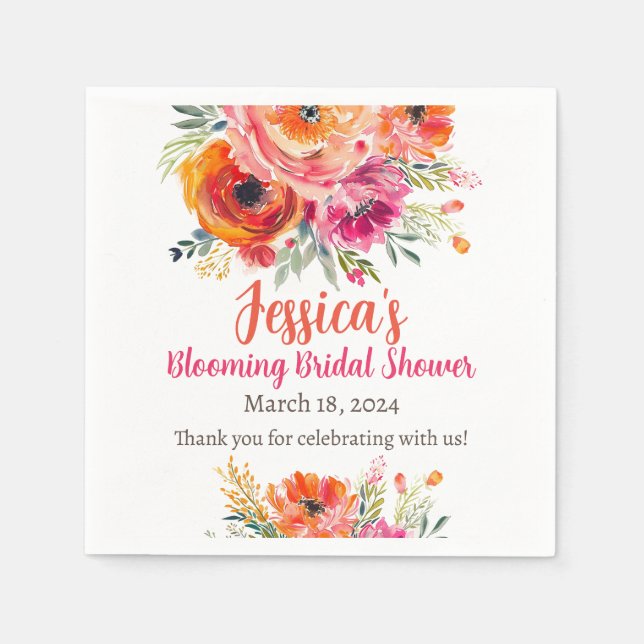 Bridal Shower Summer Orange and Pink Florals Napkin (Front)