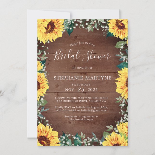 Bridal Shower Sunflower Babys Breath Border Wood Invitation (Front)