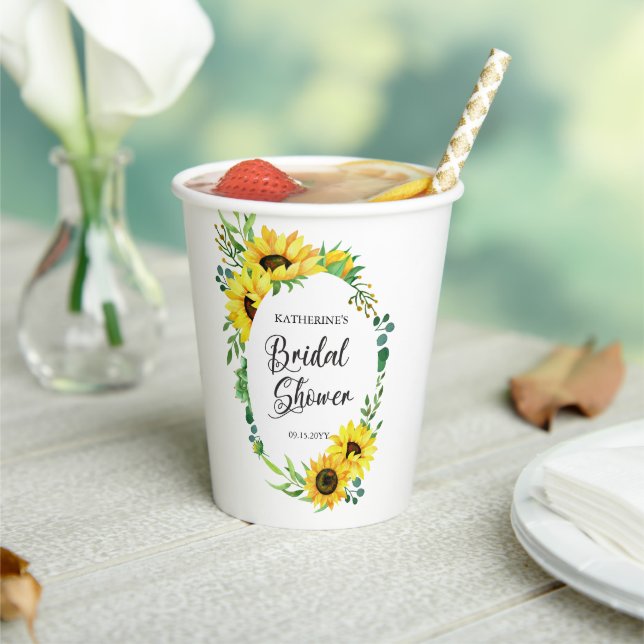 Bridal Shower Sunflower Eucalyptus Floral Frame Paper Cups (Insitu)