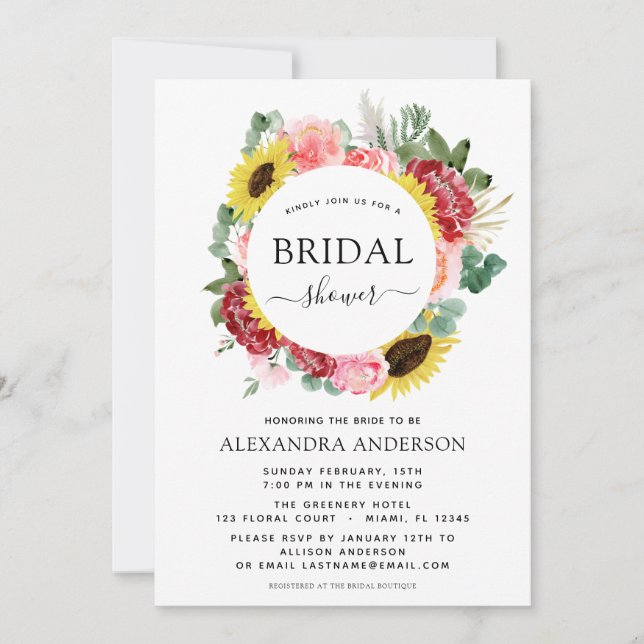 Bridal Shower Sunflower Eucalyptus Floral Wreath Invitation (Front)