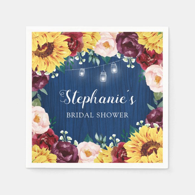 Bridal Shower Sunflower Fall Floral Navy Blue Napkin (Front)