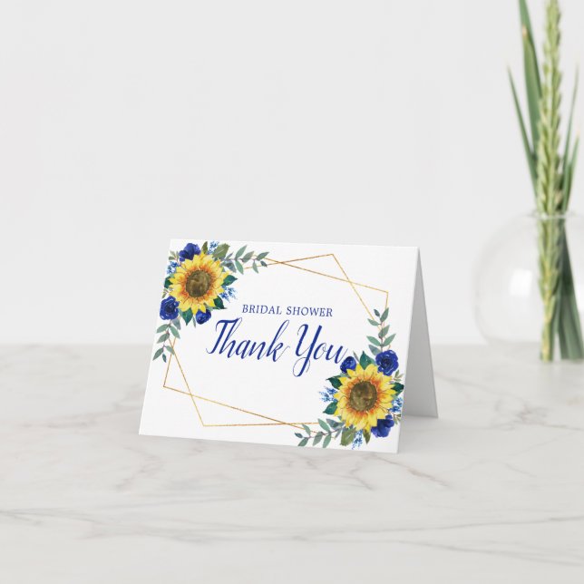 Bridal Shower Sunflower Geometric Blue Floral Thank You Card (Front)