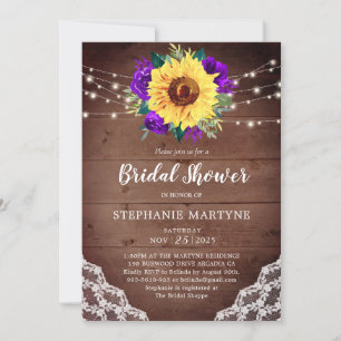 Bridal Shower Sunflower Lace Purple Floral Rustic Invitation