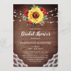 Bridal Shower Sunflower Lace Red Floral Rustic Invitation
