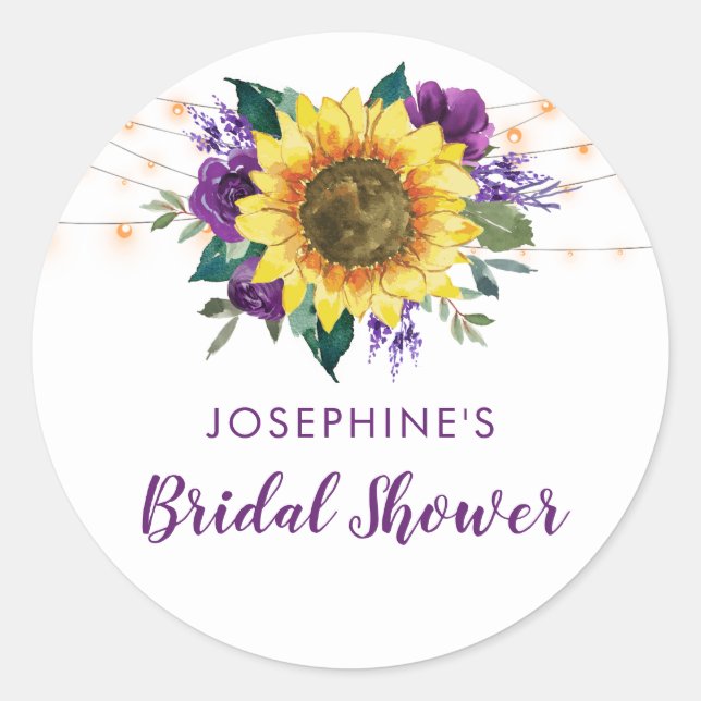 Bridal Shower Sunflower Lights Purple Floral Classic Round Sticker (Front)