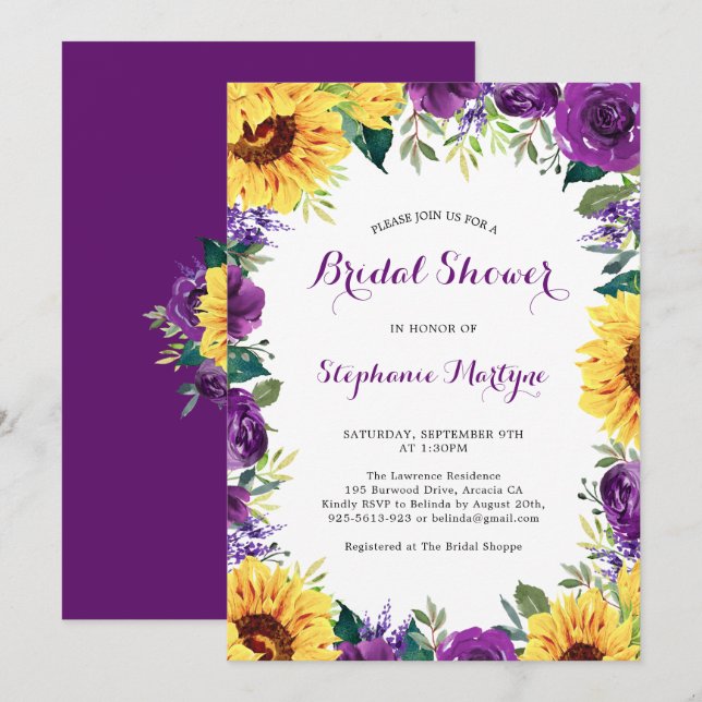 Bridal Shower Sunflower Purple Floral Border Invitation (Front/Back)