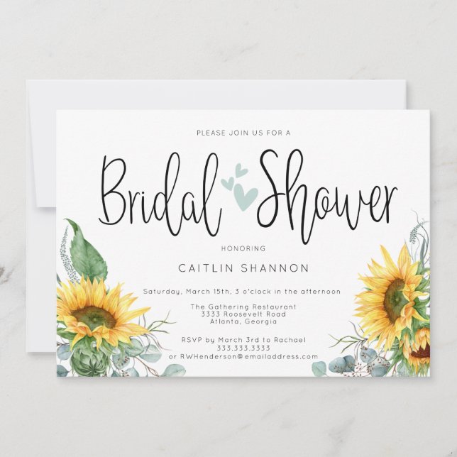 Bridal Shower Sunflower with Sage Green Hearts  Invitation (Front)