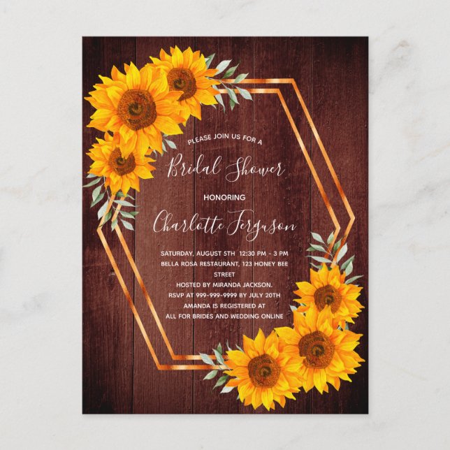 Bridal shower sunflowers brown wood invitation postcard (Front)